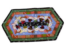 Merry Christmas Table Topper Snowmen Fabric Homemade Winter Quilted Snowflakes