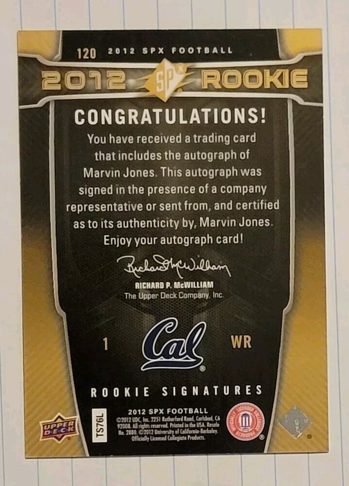 MARVIN JONES 2012 SPX AUTOGRAPH AUTO /225 CALIFORNIA CAL
