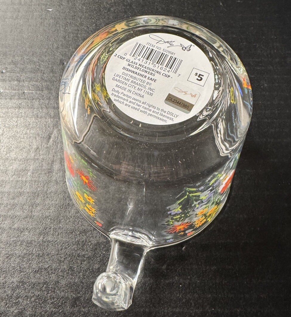 NEW 🦋 Dolly Parton 🦋 Clear Glass Measuring Cup - Handle Wildflowers