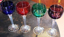 Set 4 AJKA Castile Albinka MULTI COLORED Cut Crystal Wine Goblets Glasses 8 1/4"