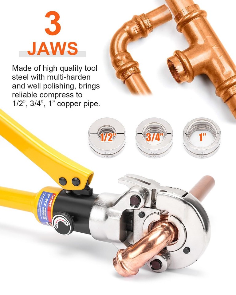 Hydraulic Copper Tube Fittings 1/2, 3/4, 1" Press Crimping Tool Kit Pex