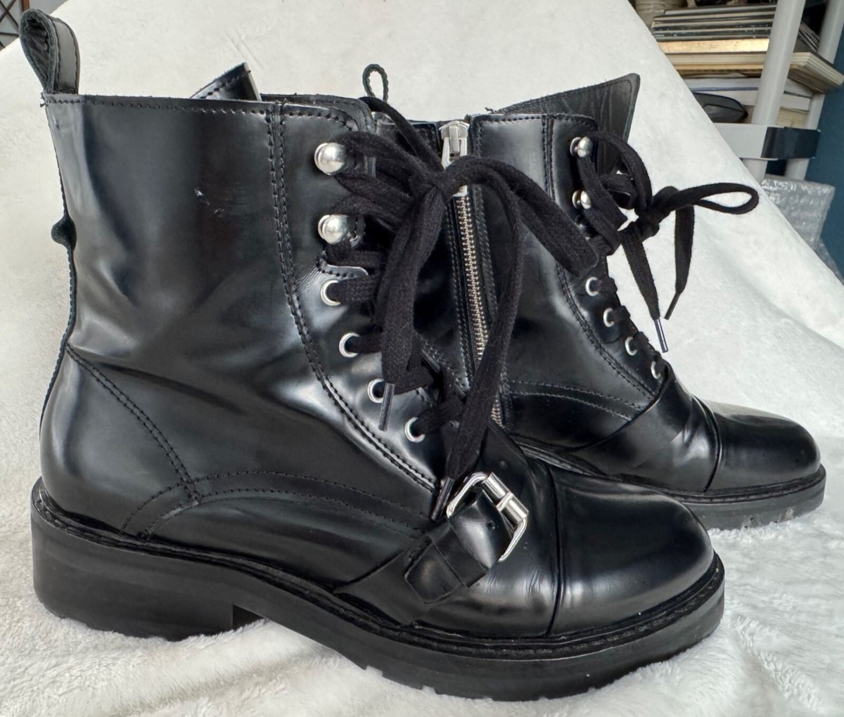 All Saints Black Leather Combat Boots Donita 39 (US 8) Lace-Up Side  Zipper