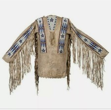 Men Genuine Brown Suede Leather Jacket Western Cowboy Handmade Bead Fringes