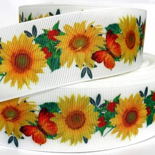 GROSGRAIN RIBBON 5/8", 7/8", 1.5" , 3" Sunflowers Summer Flowers PRINTED BULK - Image 1 of 1