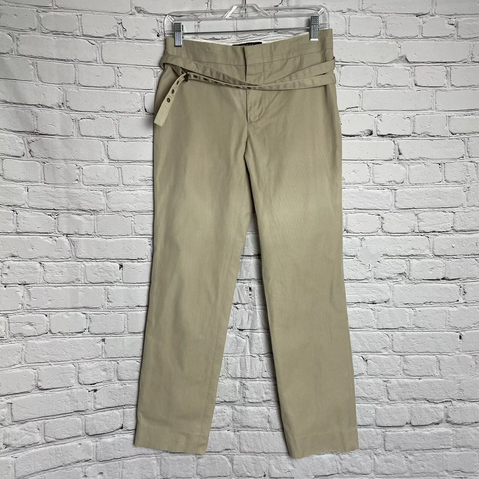 Pantalon Gucci beige kaki ceinture attachée fabriqué en Italie taille IT 38 US S
