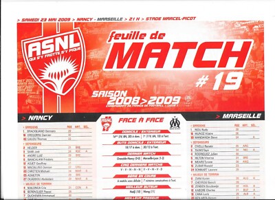 Spielbogen Nr. 19 ASNL - Marseille (2008 - 2009) - Ligue 1
