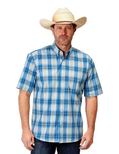 Roper Western Shirt Mens S/S Plaid Ombre Blue 03-002-0379-2098 BU