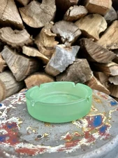 Vintage MCM FIRMA Frosted Jade Green Art Deco Glass Ashtray Made in Indonesia