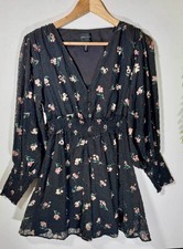 ASOS DESIGN Black Floral Broderie Anglaise Eyelet Long Sleeve Mini Dress UK 8