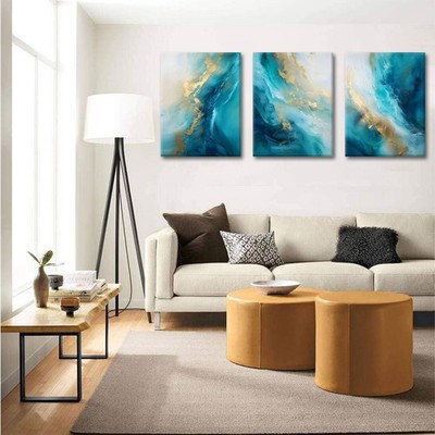 Teal Gold Canvas Wall Art Set of 3 Abstract Aqua Blue Gold Marble