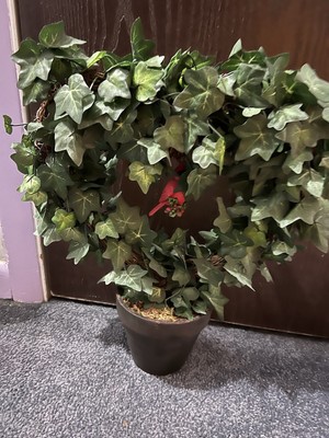 Potted Plant Faux Ivy Heart Topiary With Cardinal 15 