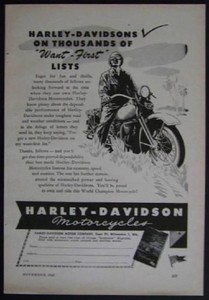1945 Harley Davidson Motorcycles *On My Want First List* vintage WWII AD