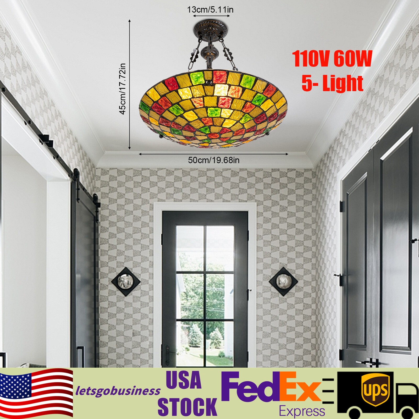 20 In Ceiling Lamp Pendant Wide Stained Antique Style Inverted Fit Dining Room