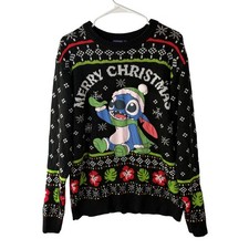 Disney Stitch Merry Christmas Ugly Holiday Sweater Black Fair Isle Mens Large