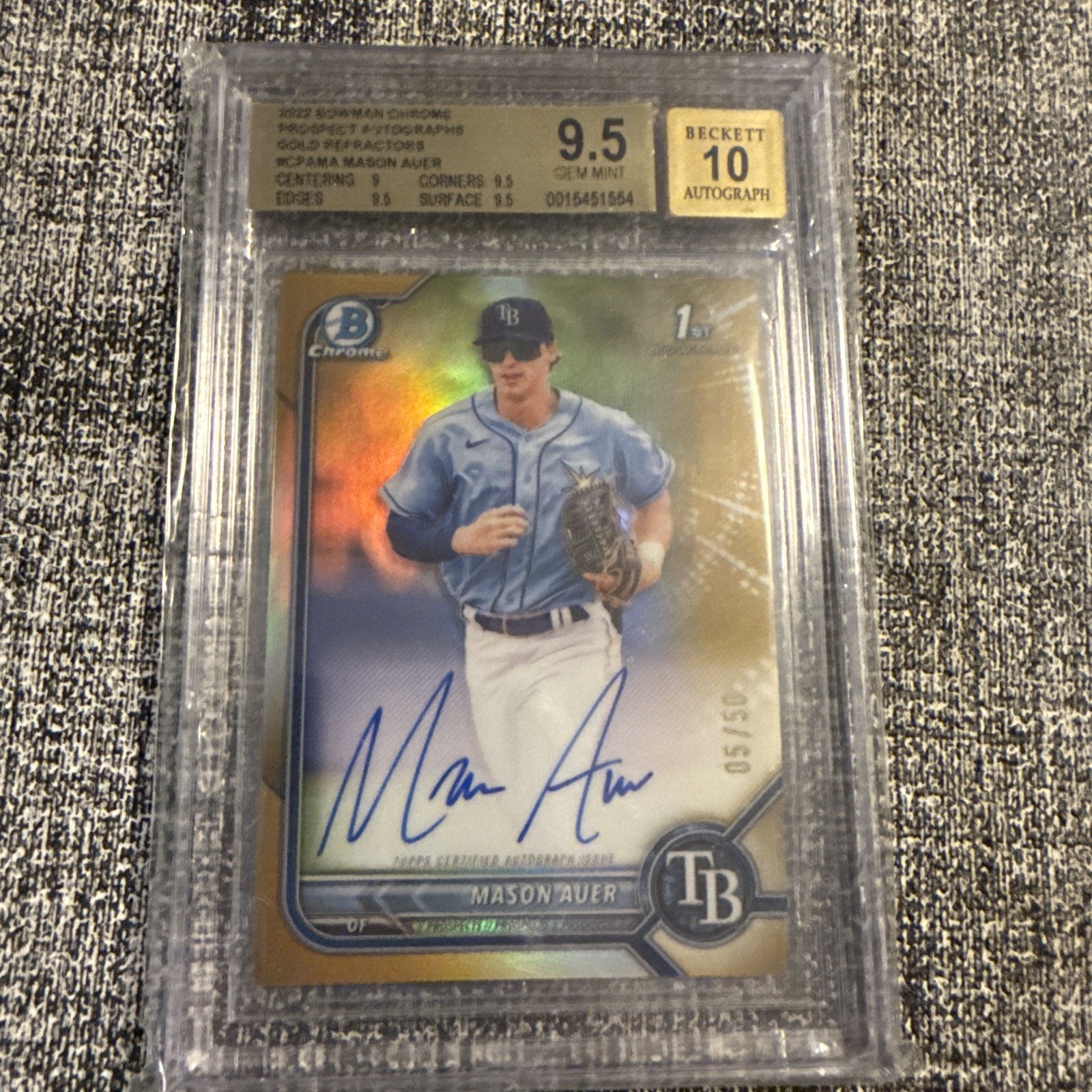 2022 Bowman Chrome Prospect Mason Auer 1st Gold RC Refractor Auto /50 BGC 9.5/10