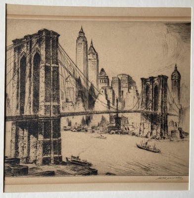 Nat Lowell ''Brooklyn Bridge'' Signed Etching Ltd Ed 250 AAA NYC Vintage