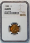 1934 D Lincoln Wheat Small Cent MS 64 RB NGC 1C