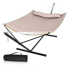 Double Hammock with 12 FT Stand, 2 Person Curved Bar Hammock with Stand, Tan