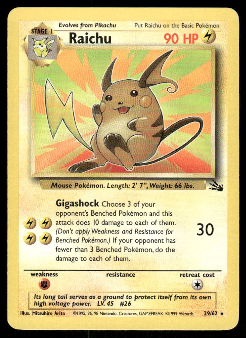 Pokemon Cards Raichu 29/62 UNLIMITED Fossil WOTC Rare NM