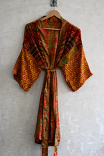 Indian Silk Boho Kimono Robe Women Nightwear Gown Designer Floral Long Bathrobe