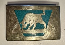 Vintage Alpaca Mexico Inlay Belt Buckle Turquoise Chip 3.25  X 2  . Fighting Bull