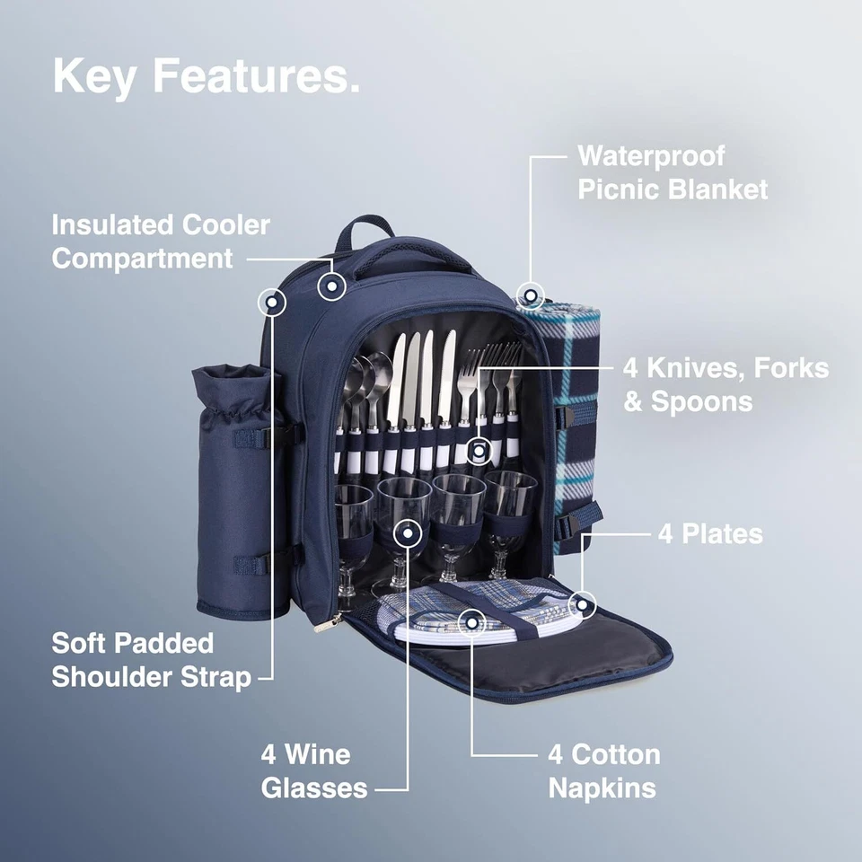 Picknickrucksack, 4 Person Navy Picknicktasche mit vollem Essen & Besteck Set - Bild 4 von 4