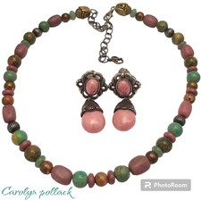 Carolyn Pollack Silver Rhodonite Beaded Stone Necklace Earrings Set