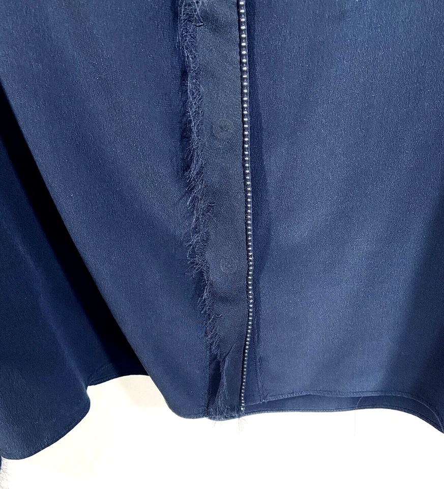 Top de mujer Elie Tahari de seda talla grande L transparente manga larga flecos azul marino Foto 4 de 4