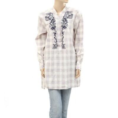 Odd Molly Anthropologie Embroidered Plaid Check Printed Tunic Top M-2 NEW 257132