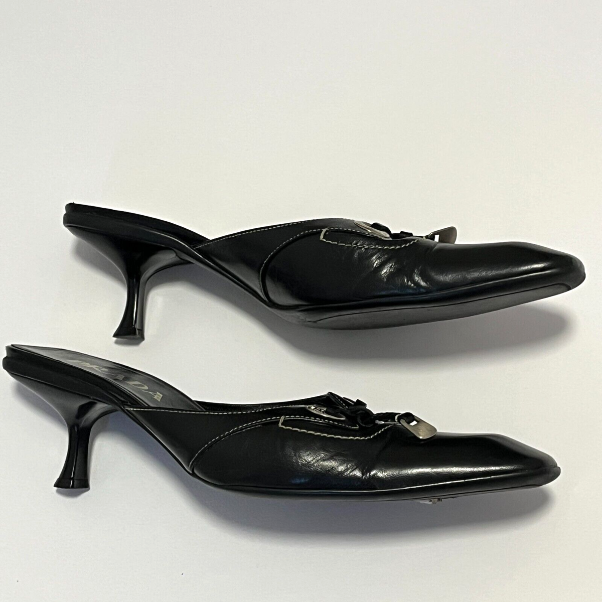 Vintage PRADA Square Toe Logo Pumps Kitten Heels Sandals 39 Vintage PRADA Square Toe Logo Pumps Kitten Heels Sandals 39