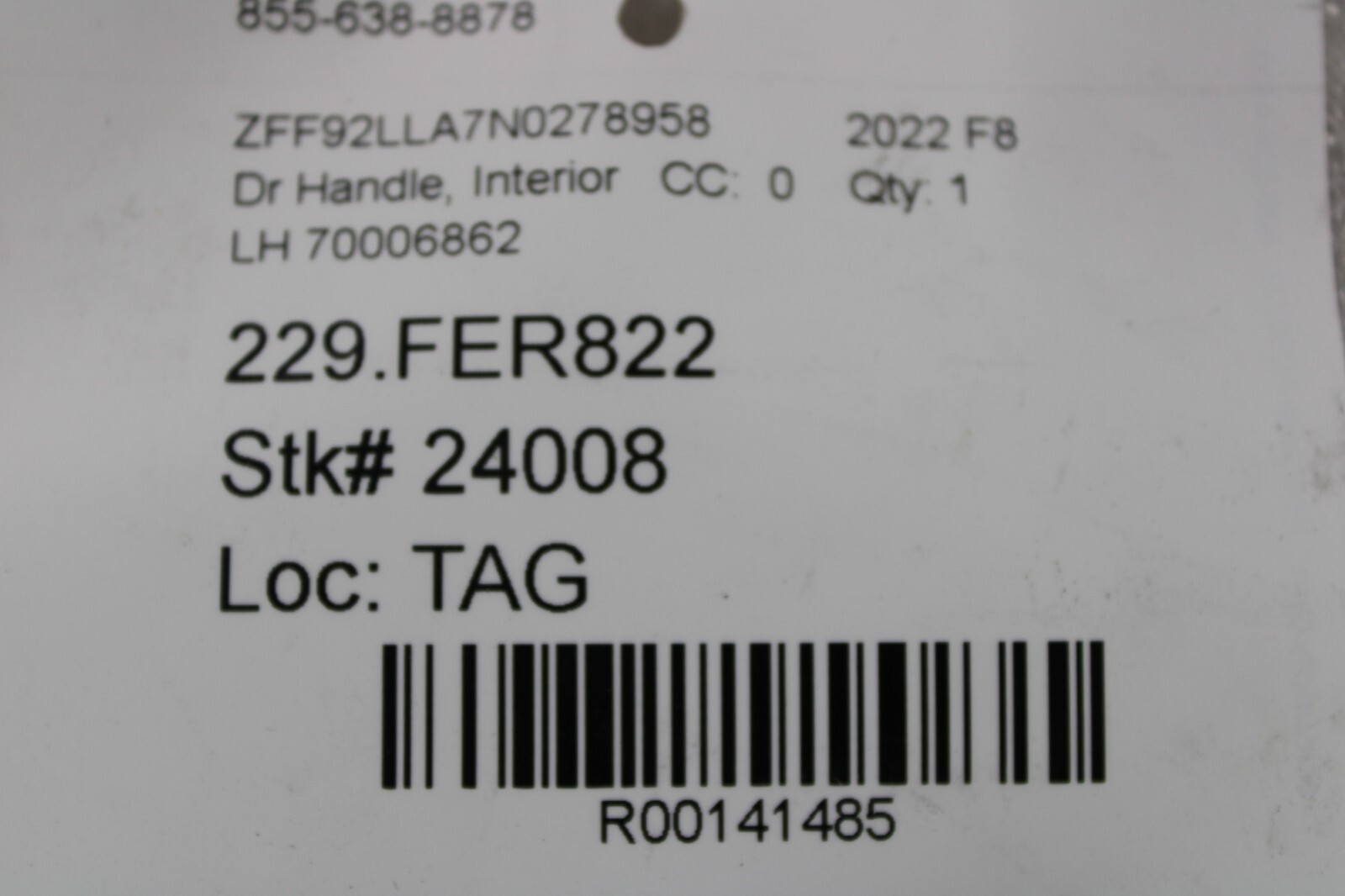 Ferrari F8 Tributo, LH, Left, Interior Door Handle, Used, P/N 70006862