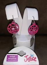 JUSTICE EARRINGS DREAM CATCHER PINK BLING SILVERTONE FEATHER DANGLES EUROWIRE