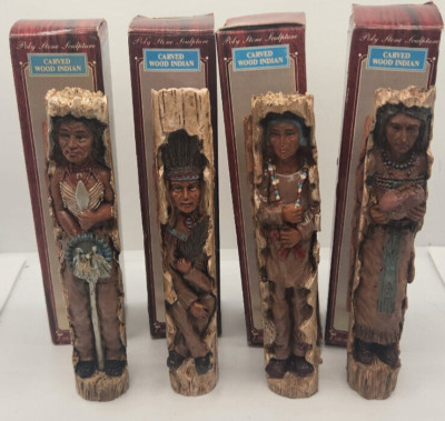 4 Different Carved Wood Indians in Box