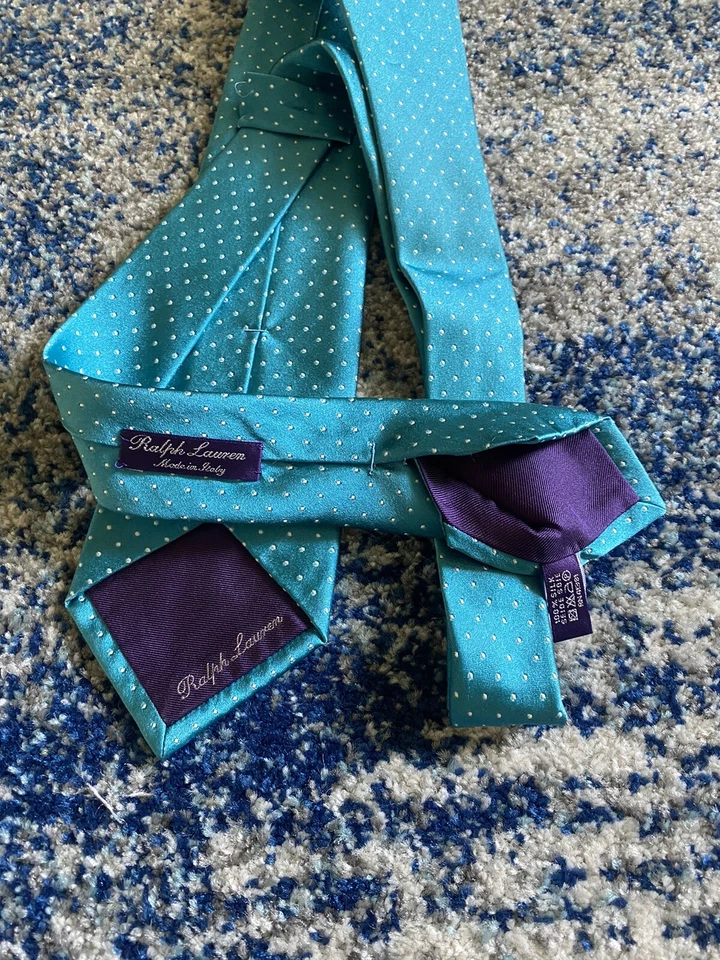 Corbata Ralph Lauren Etiqueta Púrpura Aqua Blanco Lunares Seda Italiana Foto 4 de 4