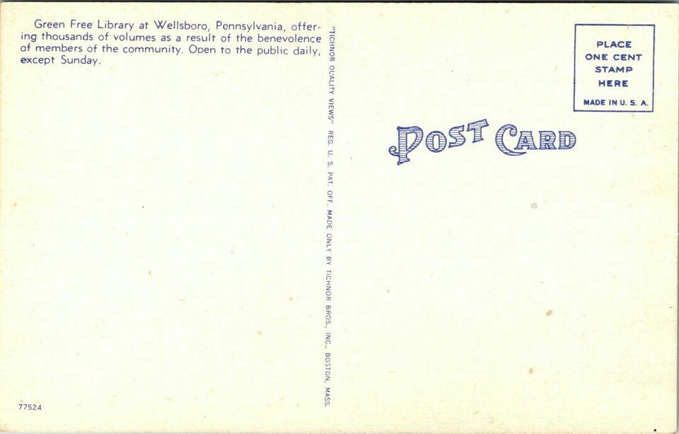 Postcard Green Free Library Wellsboro PA eBay