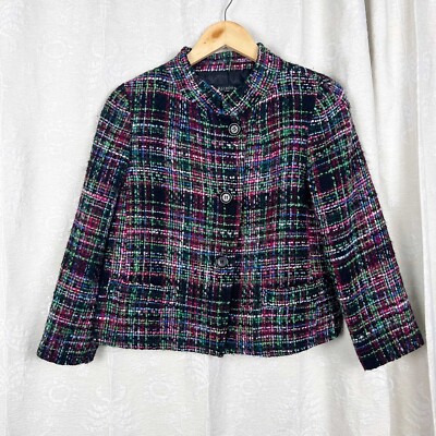 Talbots rainbow plaid nubby tweed wool blend blazer petite classic jacket 