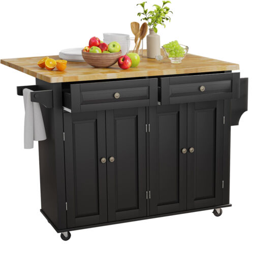 Drop-Leaf Kitchen Island Trolley Cart Wood Storage Cabinet with Spice Towel Rack - Picture 1 of 28