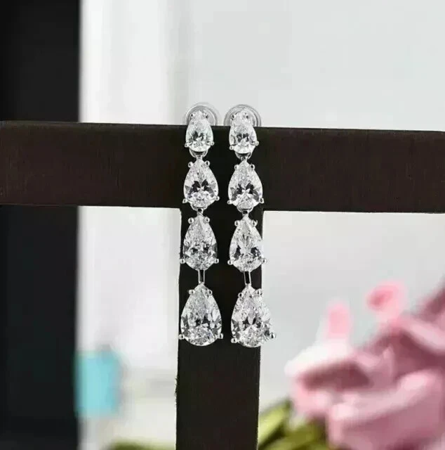4Ct Pear Cut Lab Created Diamond Women Drop Dangle Earring 14K White Gold Plated - Image 2 of 4