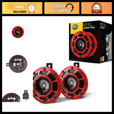 High Tone/Low Tone Twin Horn Kit - 12V Car Horns with Red Protective Grill, 2 Pa