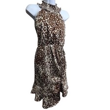Animal Print Ruffle Halter Dress Smocked Waist Ruched Midi Romantic Women's L