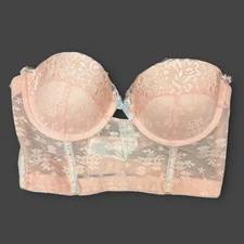 Forever 21 strapless corset bustier Pink lace blue ribbon floral coquette Medium