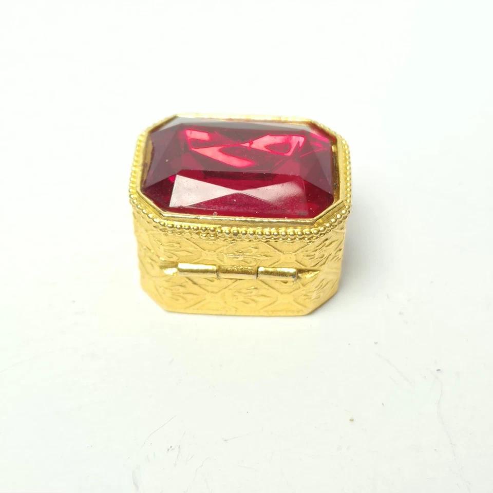 FLORENZA JEWEL PILL BOX CASE STASH TRINKET GOLD Red RHINESTONE MCM Gift Idea - Image 4 of 4