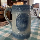 ANTIQUE BLUE & WHITE SALT GLAZE STONEWARE PITCHER GRAZING COWS HULL POTTERY 8"