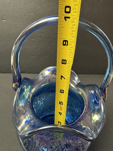 Vtg. Fenton Iridescent Blue Crackle Textured Ruffle Edge Large Glass Basket - Picture 12 of 15