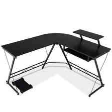 Costway Home Office Workstation L Shaped Computer Desk w/ Movable Monitor Stand