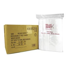 Reloc Zippit 4Wr1215 Reclosable Bag, Zip Seal, 15 In L, 12 In W, 4 Mil Thick,