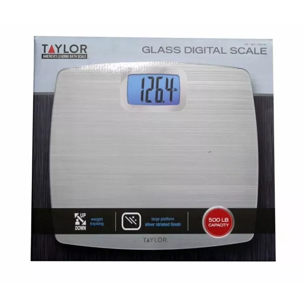 EUC TAYLOR Glass Digital Bathroom Scale Striated gray SILVER Finish 500lb