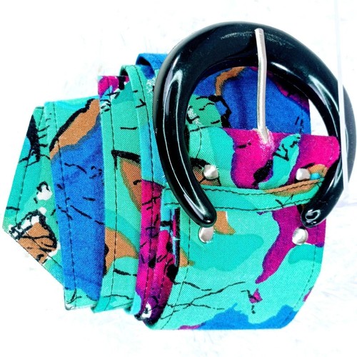 Vintage 1980s XL Funky Belt Abstract Multicolored Teal Blue Pink - Picture 2 of 10