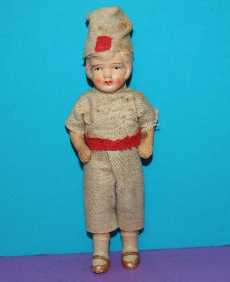 Antigua ropa vintage de 1920 de 7" TODO bisque de cerámica para niño fieltro brazos encordados Foto 2 de 4