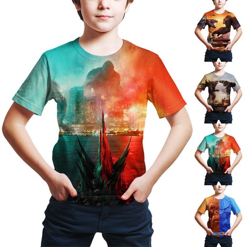 Kids Boys 3D Godzilla VS Kong Print T-shirts Summer Casual Short Sleeve Tee Tops - Picture 4 of 13